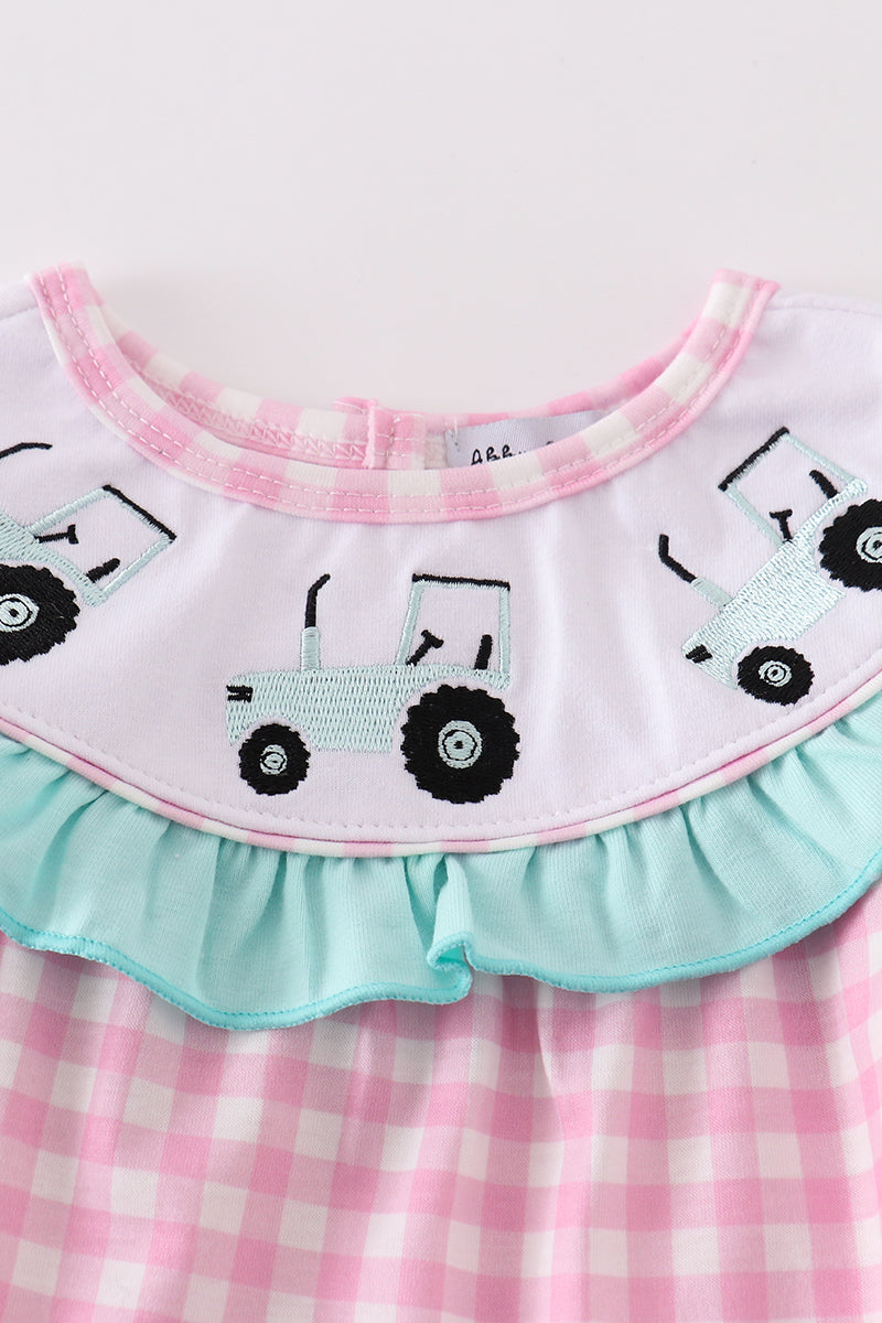 Tractor Embroidered Pink Gingham Girl Bubble