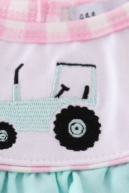 Tractor Embroidered Pink Gingham Girl Bubble