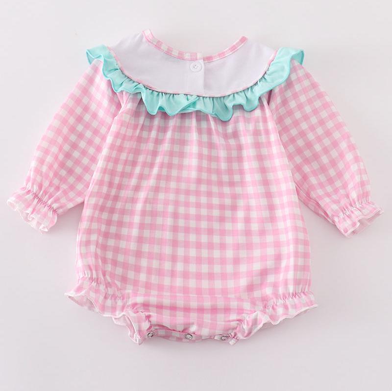 Tractor Embroidered Pink Gingham Girl Bubble