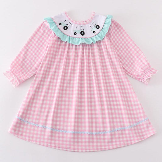 Tractor Embroidered Pink Gingham Dress