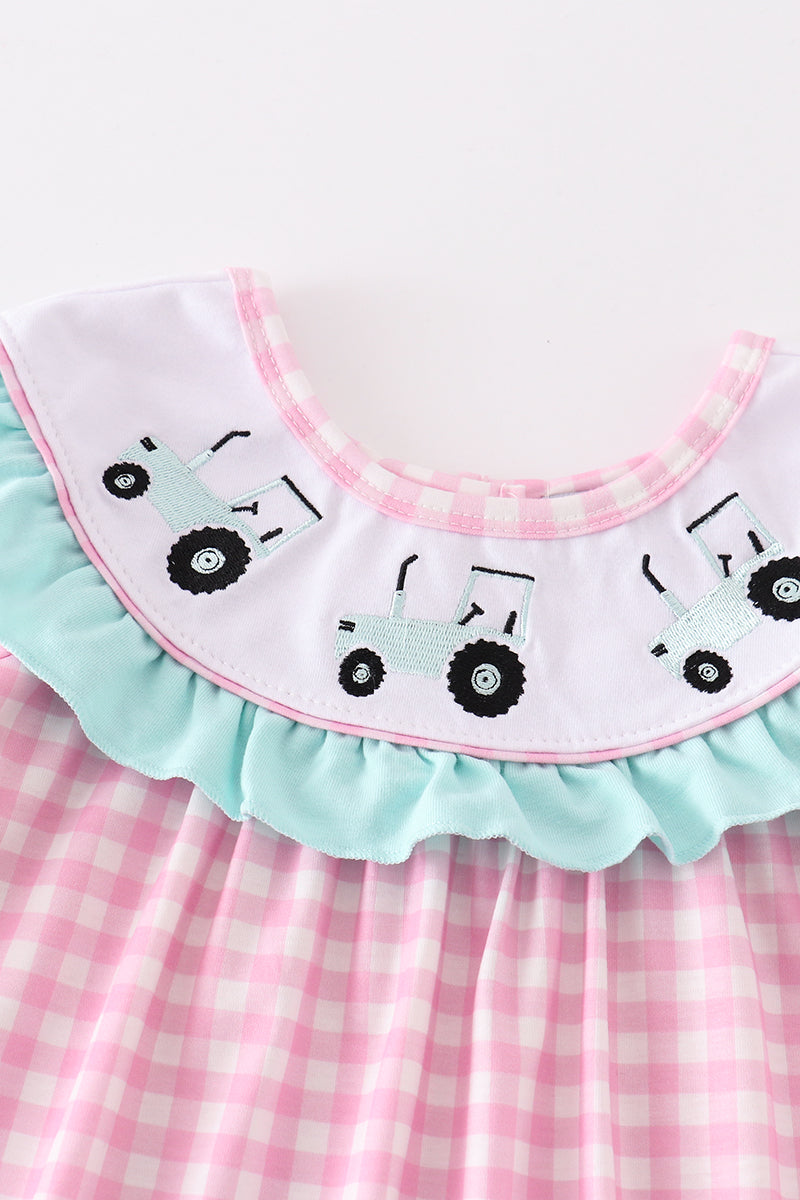 Tractor Embroidered Pink Gingham Dress