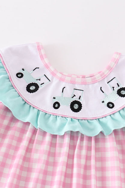 Tractor Embroidered Pink Gingham Dress