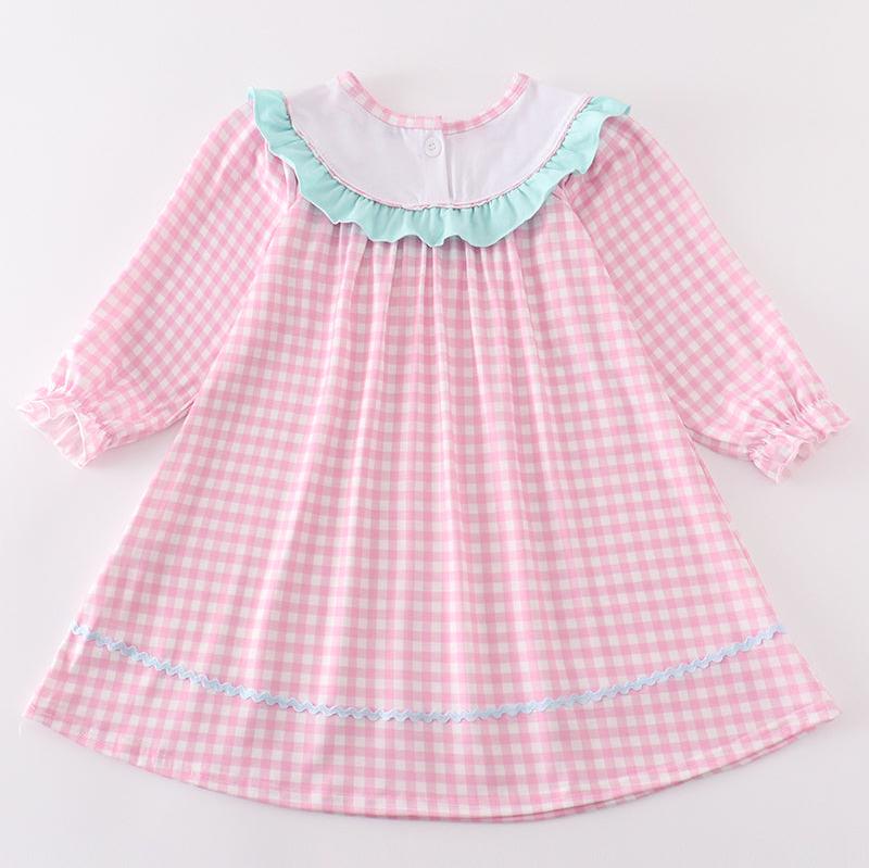 Tractor Embroidered Pink Gingham Dress