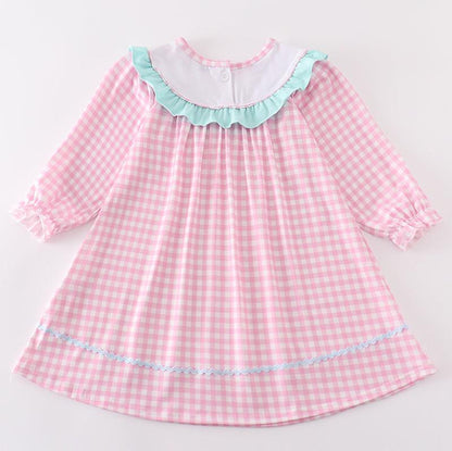 Tractor Embroidered Pink Gingham Dress