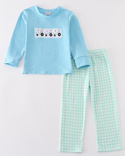 Tractor Embroidered Blue Boy Set