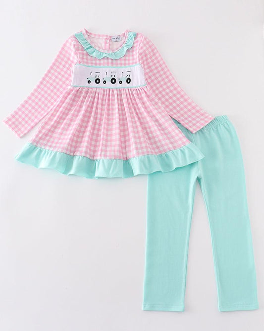 Tractor Embroidered Pink Girl Set