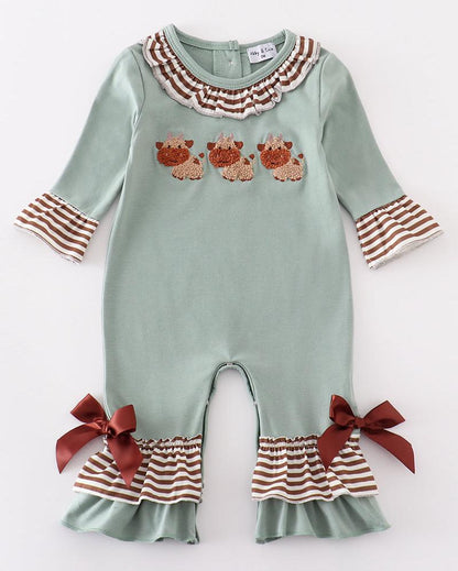 French Knot Cow Green Girl Romper