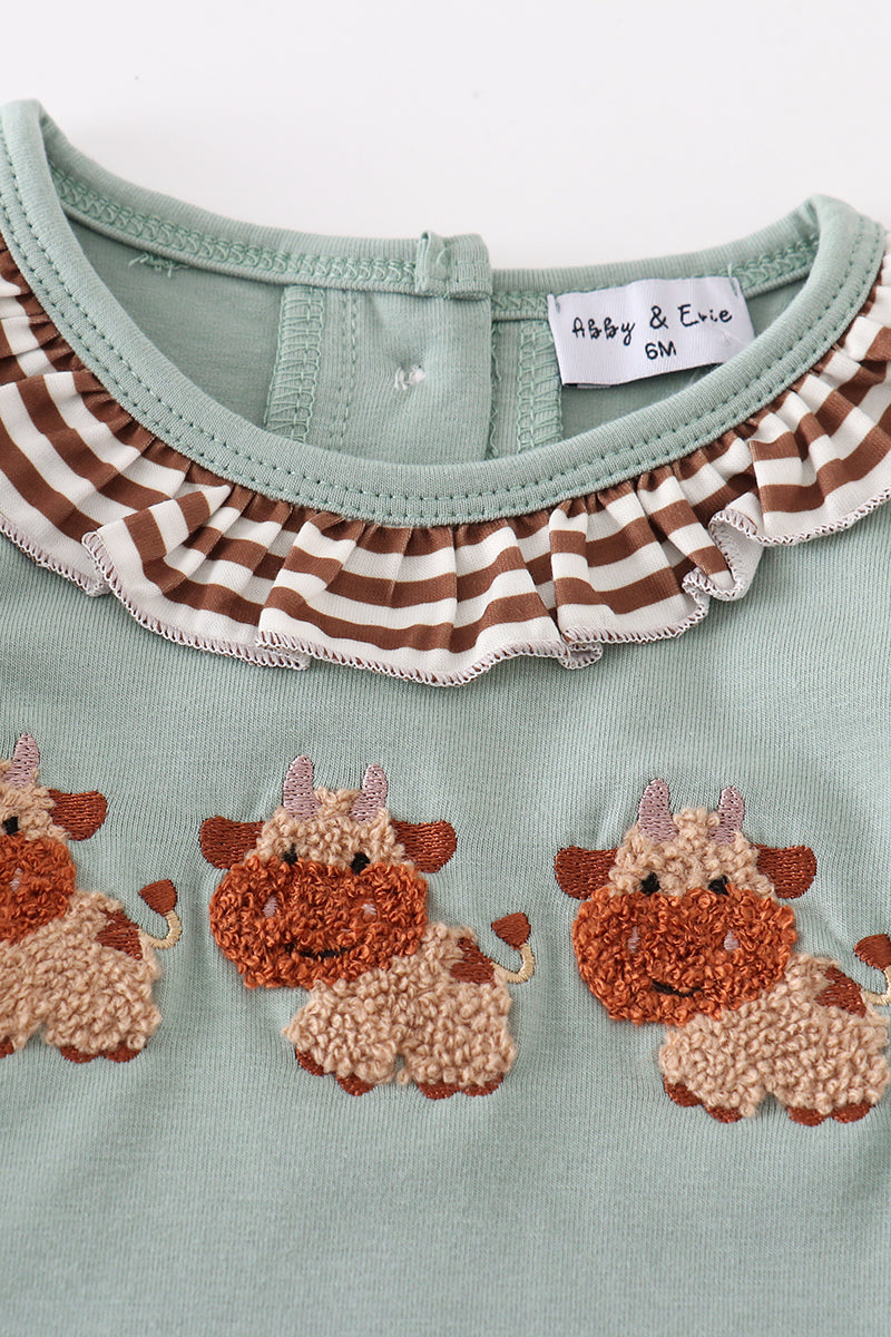 French Knot Cow Green Girl Romper