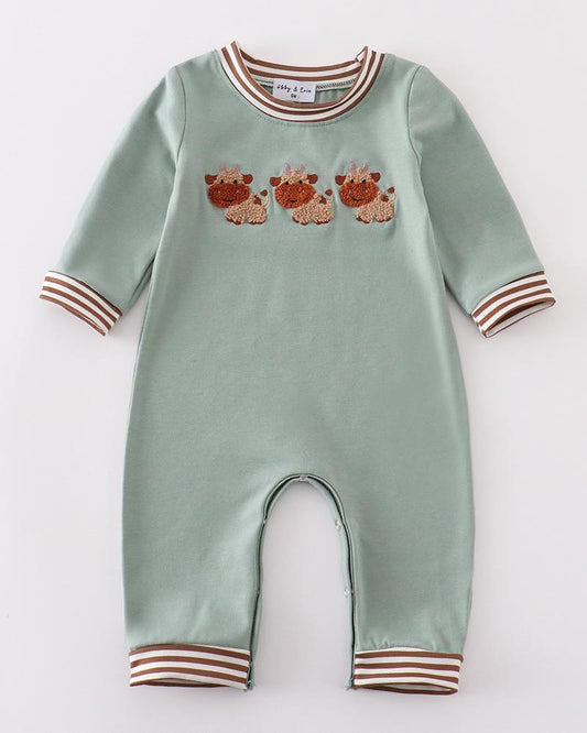 French Knot Cow Green Boy Romper