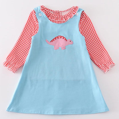 Blue Valentine Dinosaur Applique Girl Dress Set