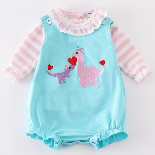 Valentine Dinosaur Embroidered Girl Bubble Set