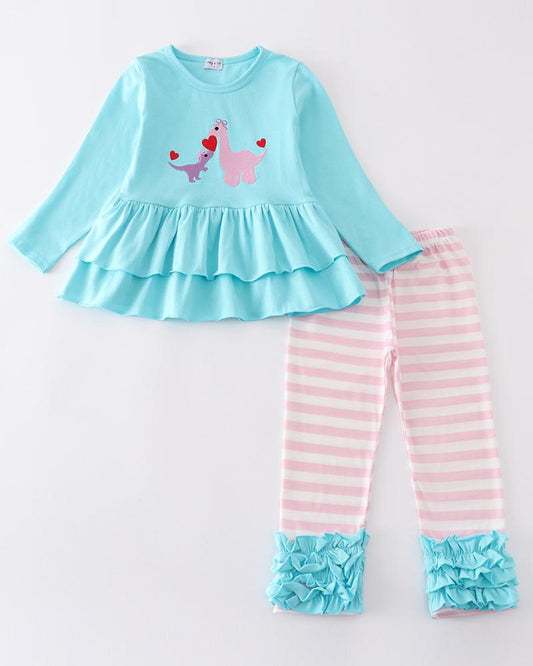 Valentine Dinosaur Embroidered Blue Girl Set