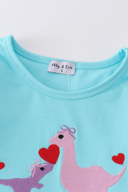 Valentine Dinosaur Embroidered Blue Girl Set