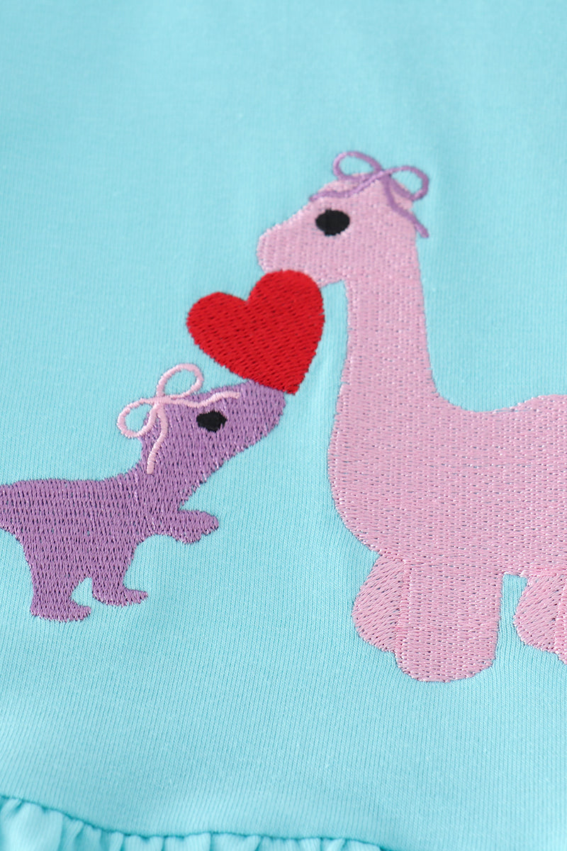 Valentine Dinosaur Embroidered Blue Girl Set