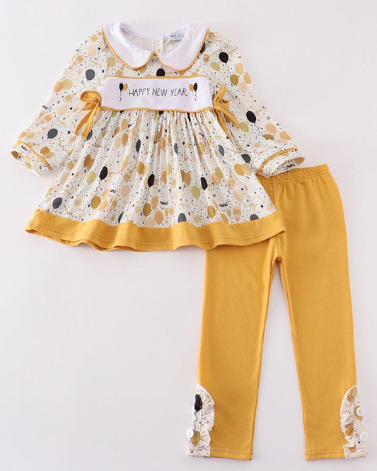 Happy New Year Embroidered Gold Girl Set