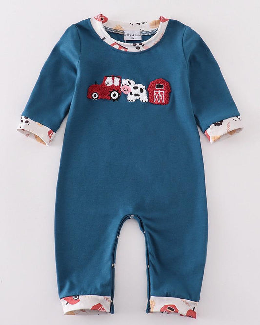 Navy Farm French Knot Boy Romper