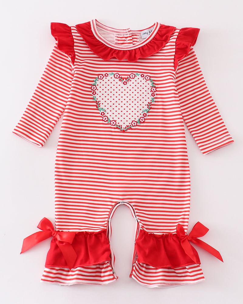 Red Stripe Heart Applique Girl Romper