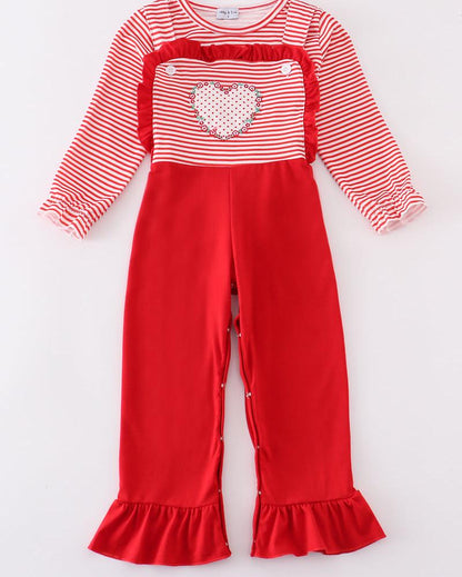 Red Stripe Heart Applique Girl Jumpsuit Set