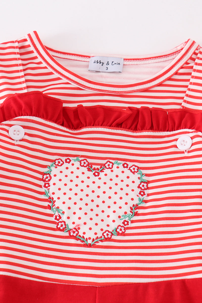 Red Stripe Heart Applique Girl Jumpsuit Set