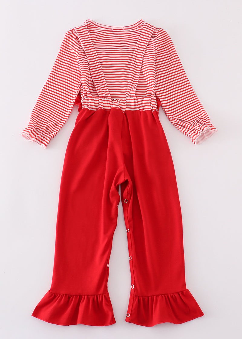 Red Stripe Heart Applique Girl Jumpsuit Set