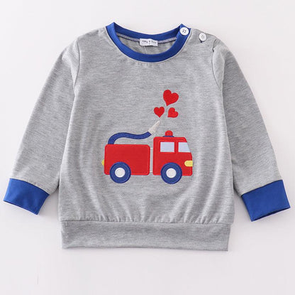 Valentine Firetruck Embroidered Grey Boy Top