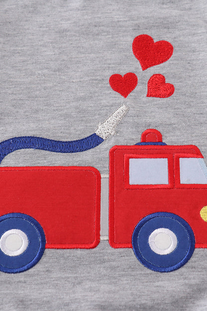 Valentine Firetruck Embroidered Grey Boy Top