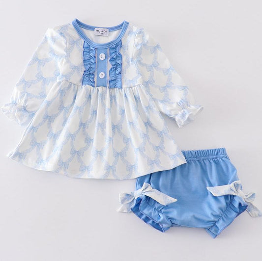 Blue Blossom Bow Print Girl Bloomers Set