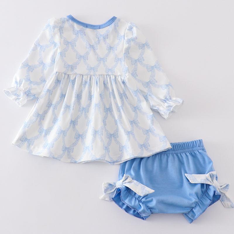 Blue Blossom Bow Print Girl Bloomers Set