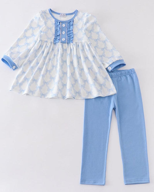 Blue Blossom Bow Print Girl Pants Set