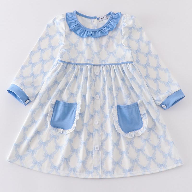 Blue Blossom Bow Print Ruffle Dress