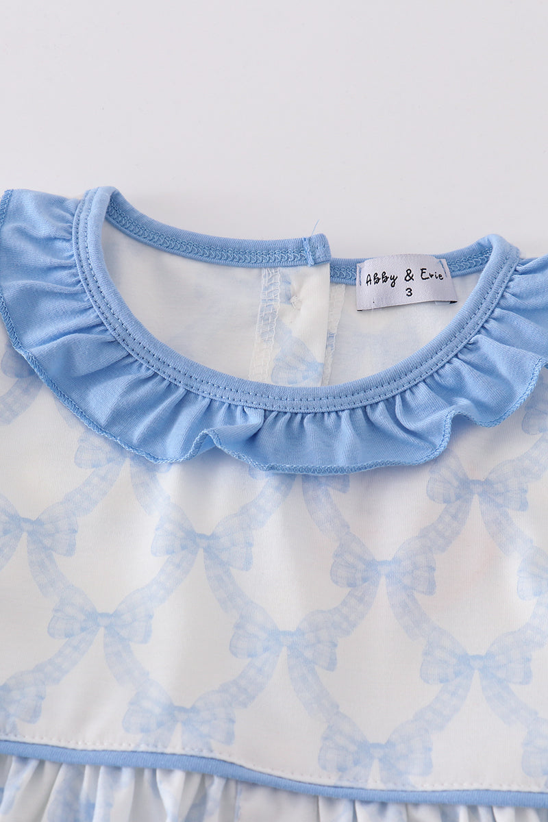 Blue Blossom Bow Print Ruffle Dress