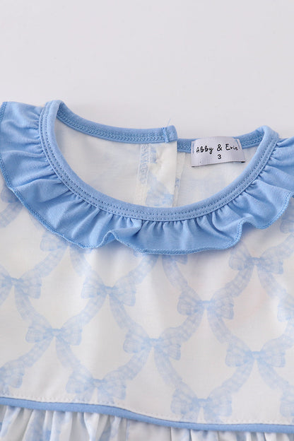 Blue Blossom Bow Print Ruffle Dress