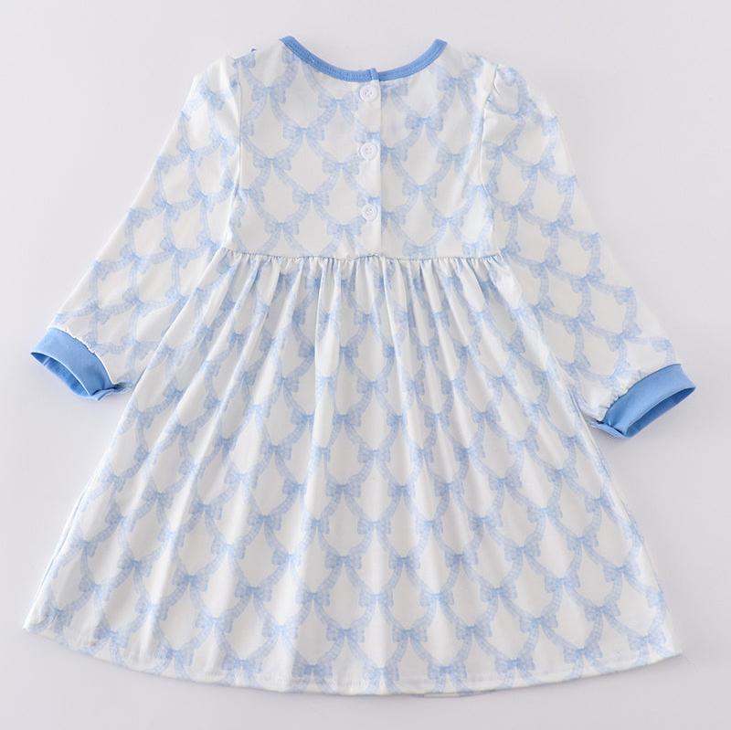 Blue Blossom Bow Print Ruffle Dress