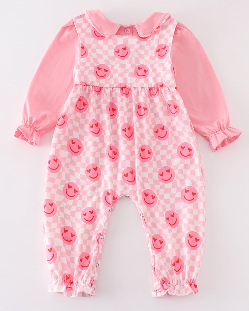 Valentine Smile Print Pink Girl Jumpsuit Set