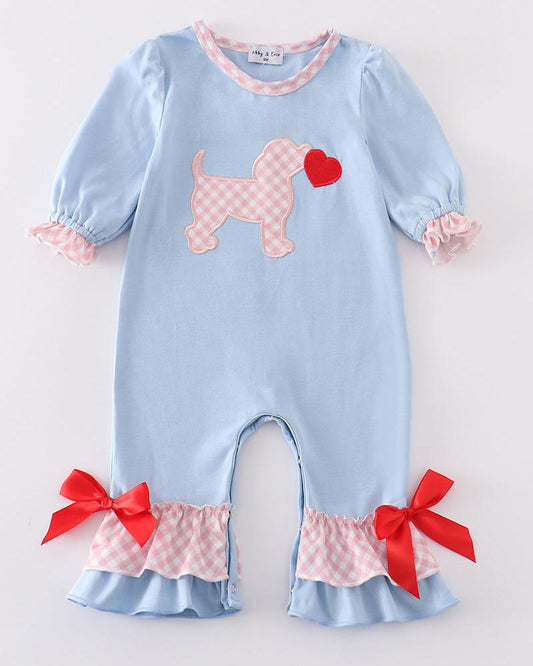 Valentine Puppy Heart Applique Blue Girl Romper