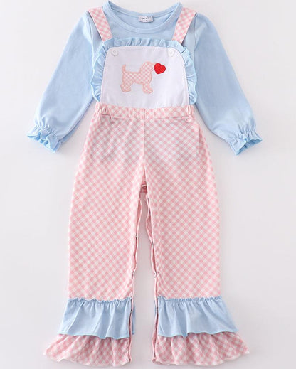 Valentine Puppy Heart Applique Blue Girl Jumpsuit Set