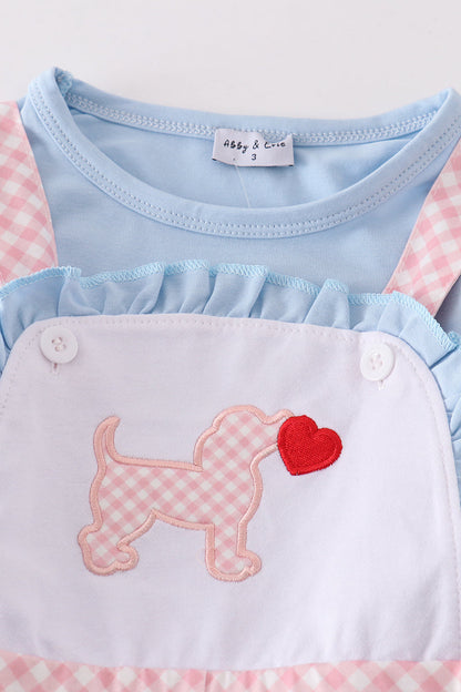 Valentine Puppy Heart Applique Blue Girl Jumpsuit Set