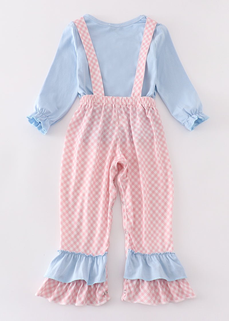 Valentine Puppy Heart Applique Blue Girl Jumpsuit Set