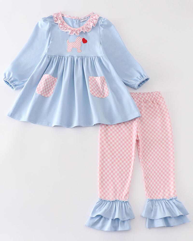 Valentine Puppy Heart Applique Blue Girl Set