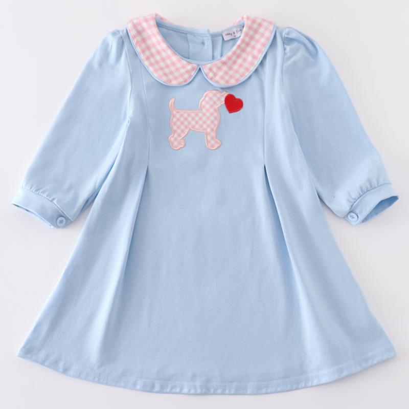 Valentine Puppy Heart Applique Blue Dress