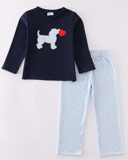 Valentine Puppy Heart Applique Navy Boy Set