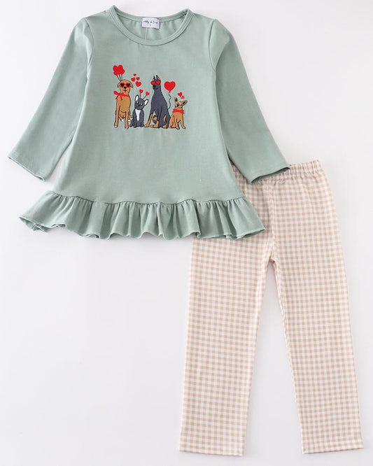 Valentine Pups Embroidered Sage Girl Set