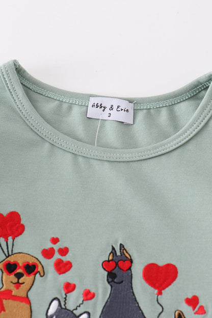 Valentine Pups Embroidered Sage Girl Set