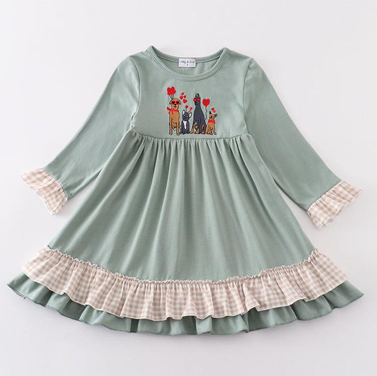 Valentine Pups Embroidered Sage Dress