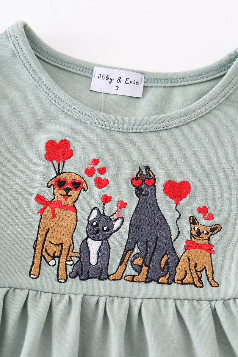 Valentine Pups Embroidered Sage Dress