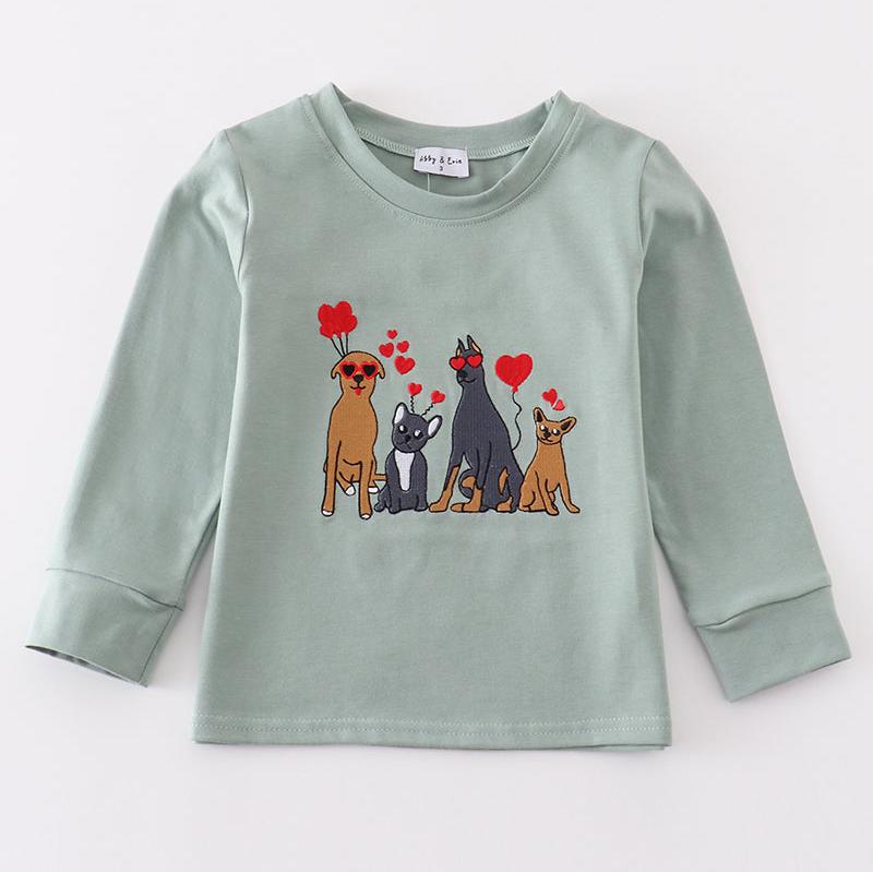 Valentine Pups Embroidered Sage Boy Top