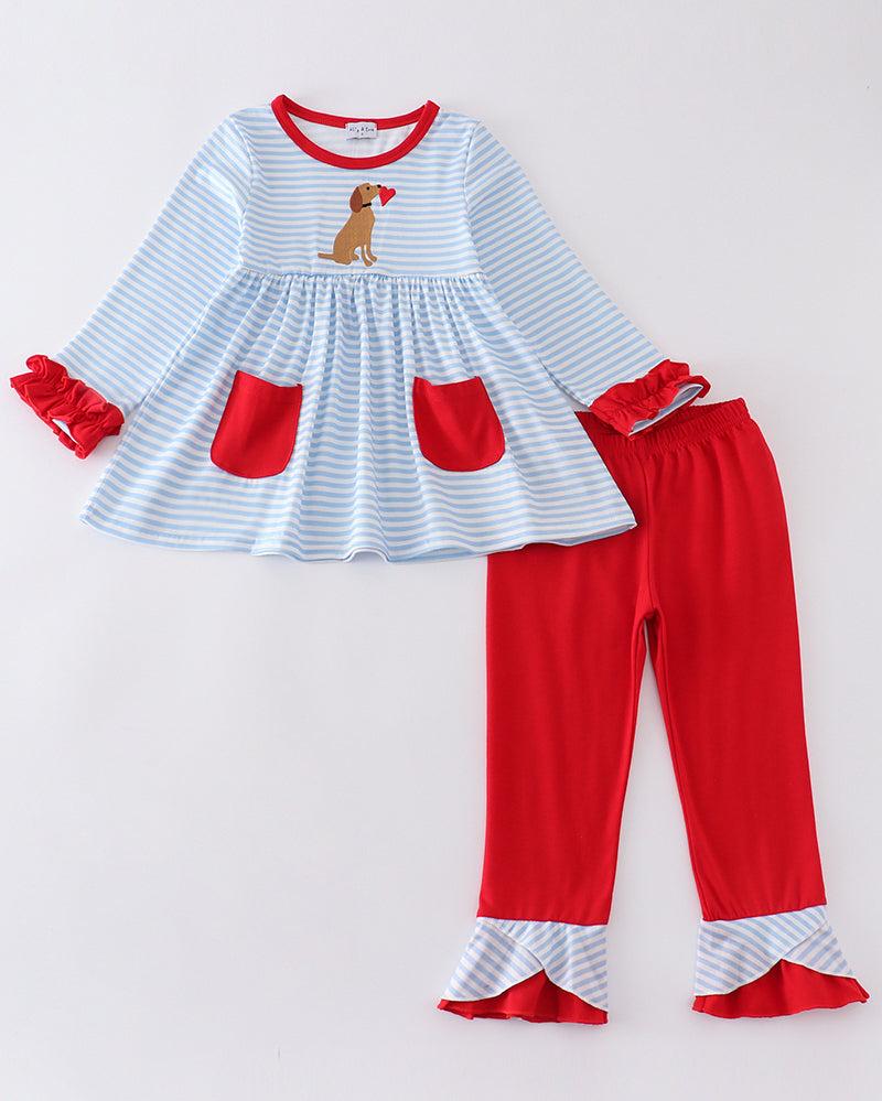 Blue Stripe Valentine Puppy Heart Embroidered Girl Set