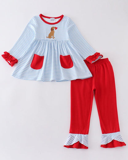 Blue Stripe Valentine Puppy Heart Embroidered Girl Set