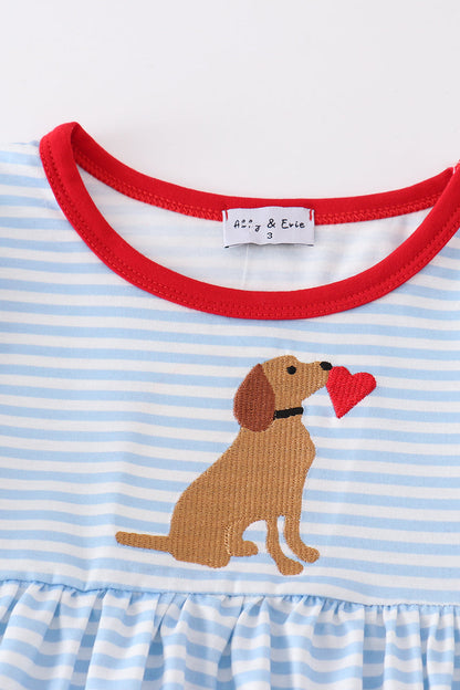 Blue Stripe Valentine Puppy Heart Embroidered Girl Set