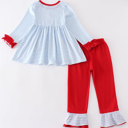 Blue Stripe Valentine Puppy Heart Embroidered Girl Set